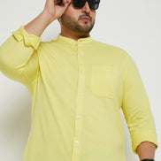 Lemon Yellow Solid Mandarin Collar Plus Size Shirt