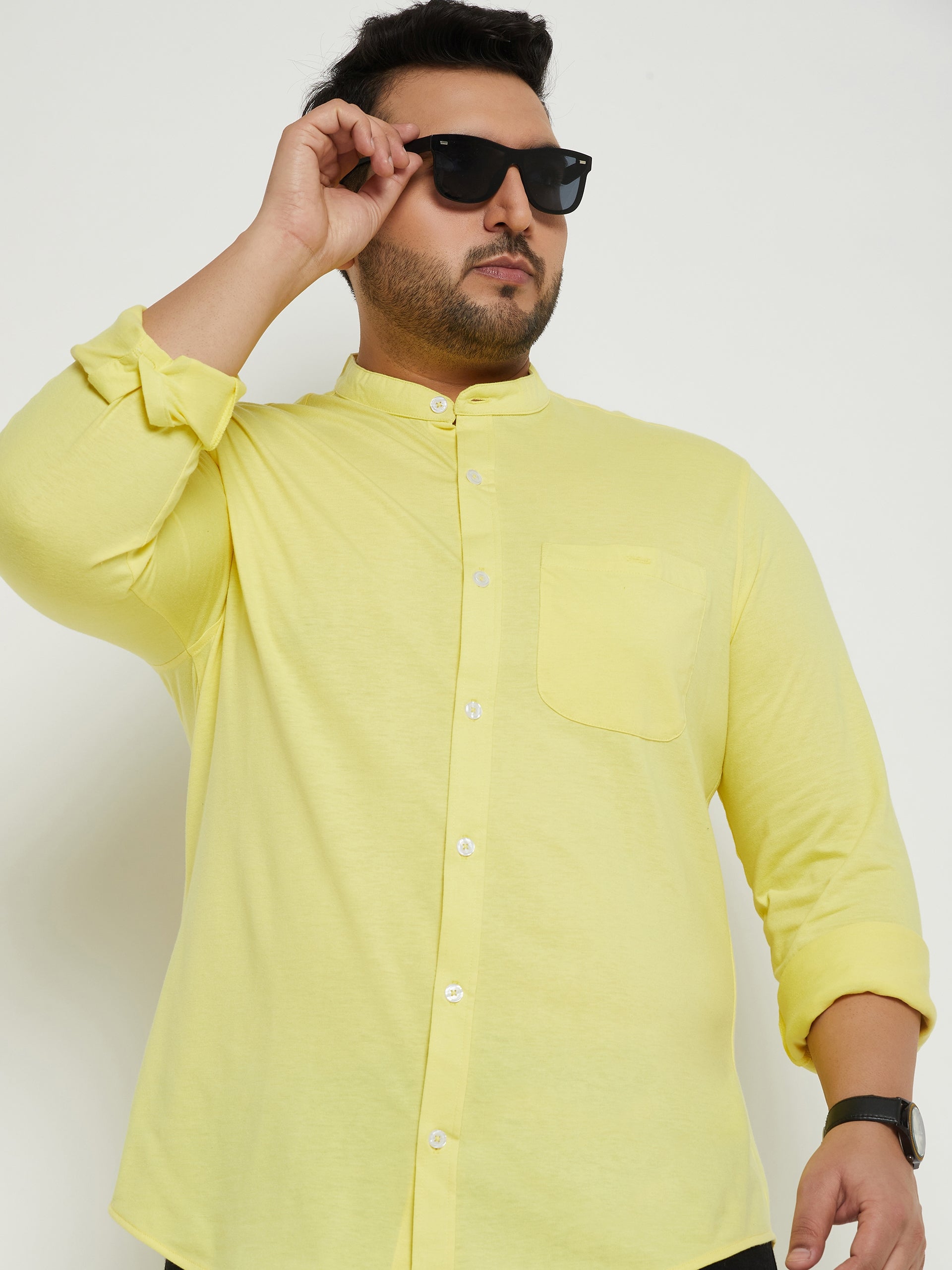 Lemon Yellow Solid Mandarin Collar Plus Size Shirt