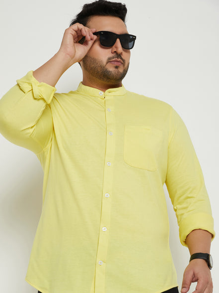 Lemon Yellow Solid Mandarin Collar Plus Size Shirt
