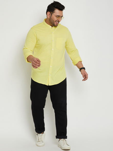 Lemon Yellow Solid Mandarin Collar Plus Size Shirt