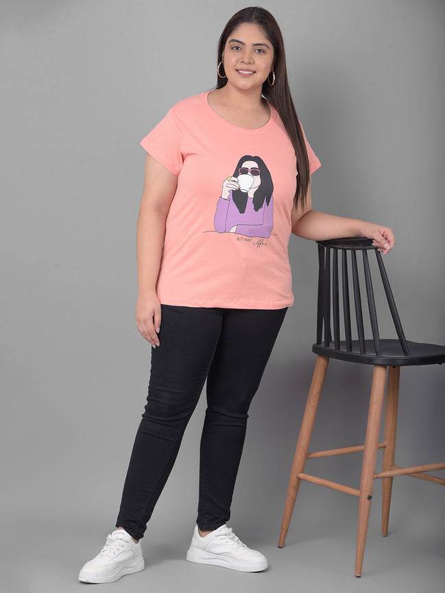 Bright Peach Printed Plus Size T-Shirt