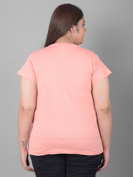 Bright Peach Printed Plus Size T-Shirt