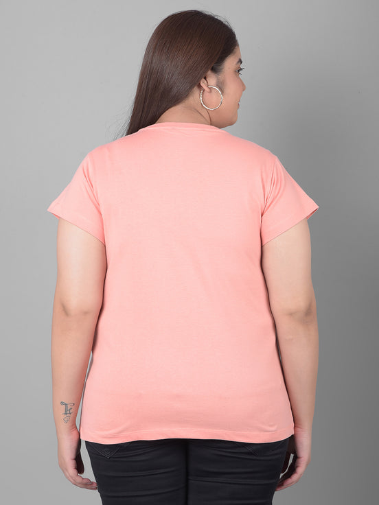Bright Peach Printed Plus Size T-Shirt