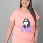 Bright Peach Printed Plus Size T-Shirt