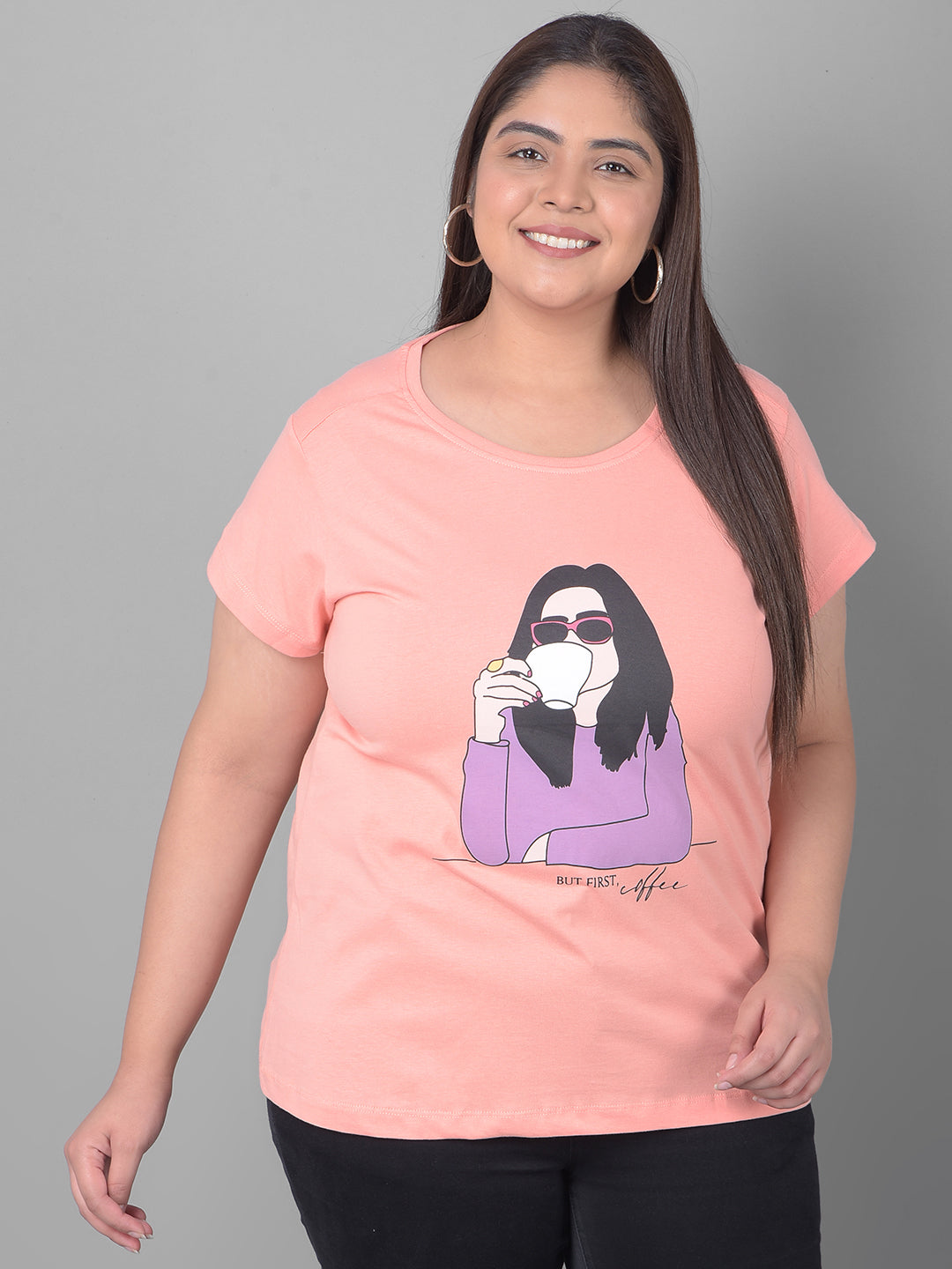 Bright Peach Printed Plus Size T-Shirt
