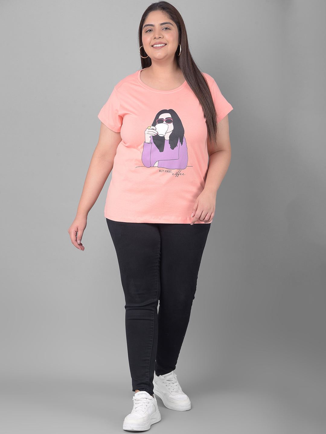 Bright Peach Printed Plus Size T-Shirt