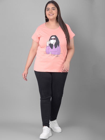 Bright Peach Printed Plus Size T-Shirt