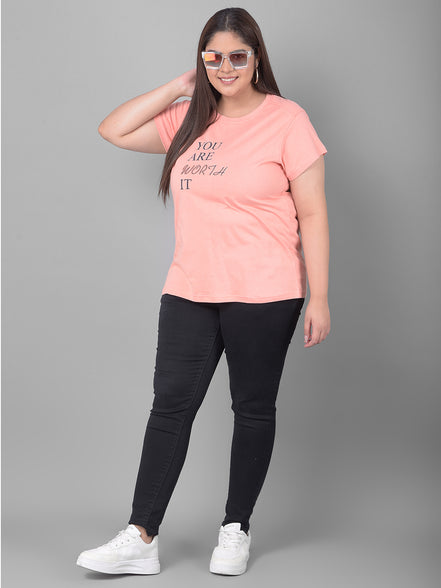 Bright Peach Printed Plus Size T-Shirt