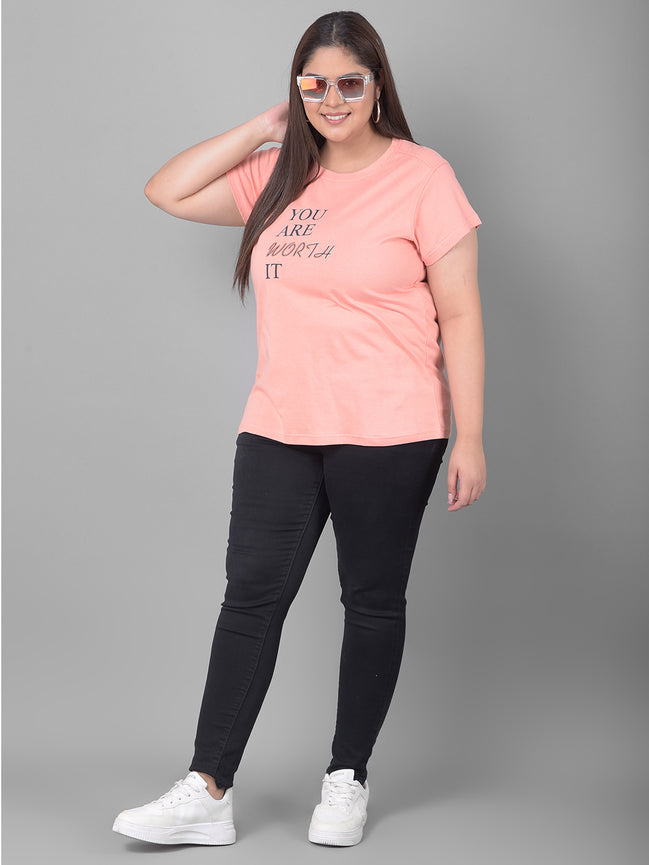 Bright Peach Printed Plus Size T-Shirt