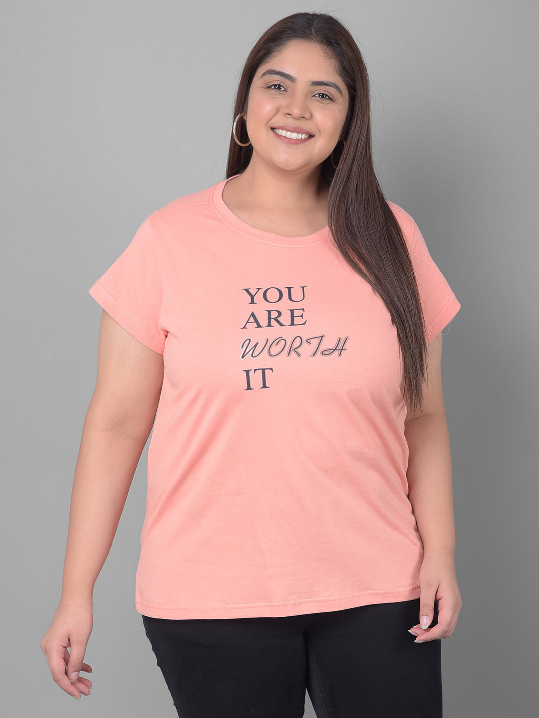Bright Peach Printed Plus Size T-Shirt