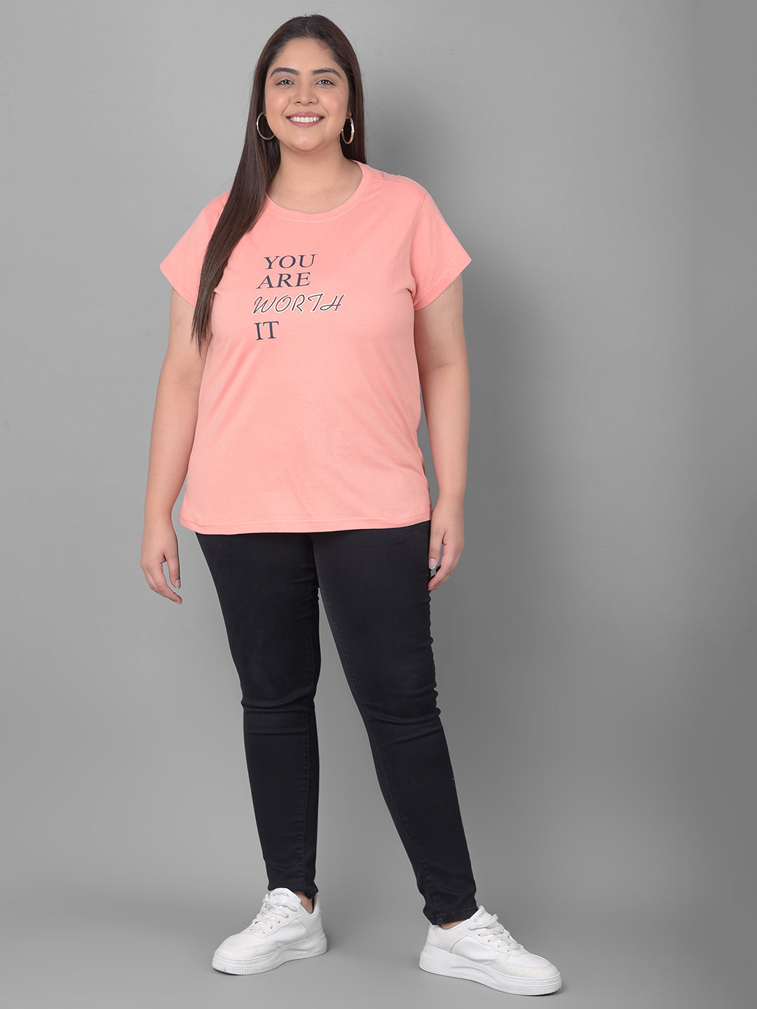 Bright Peach Printed Plus Size T-Shirt