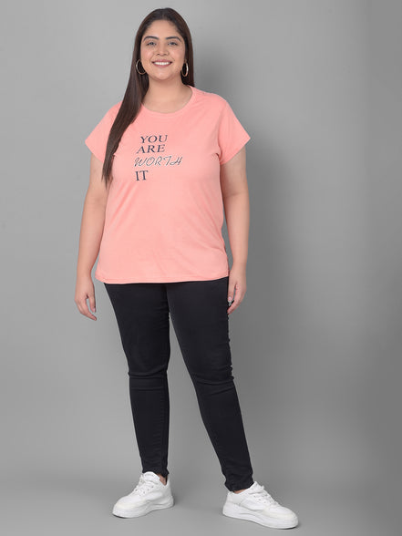 Bright Peach Printed Plus Size T-Shirt