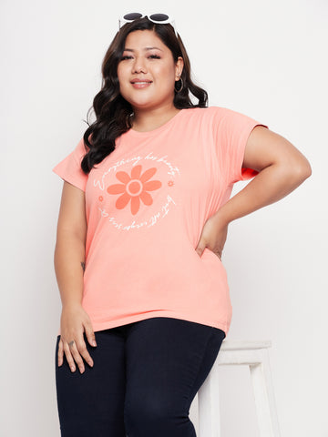 Bright Peach Printed Plus Size Tshirt