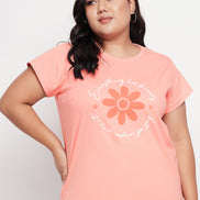 Bright Peach Printed Plus Size Tshirt