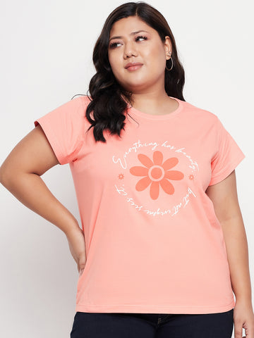 Bright Peach Printed Plus Size Tshirt