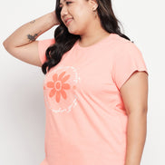 Bright Peach Printed Plus Size Tshirt