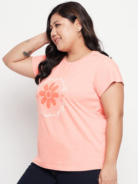 Bright Peach Printed Plus Size Tshirt