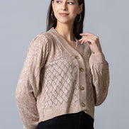 Beige V Neck Ribbed Cardigan - clubyork