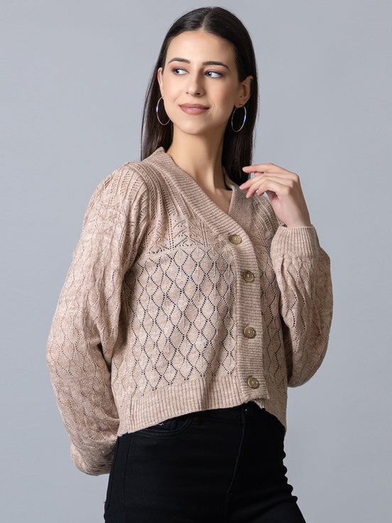 Beige V Neck Ribbed Cardigan - clubyork