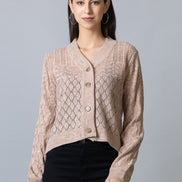 Beige V Neck Ribbed Cardigan - clubyork