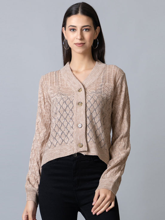 Beige V Neck Ribbed Cardigan - clubyork