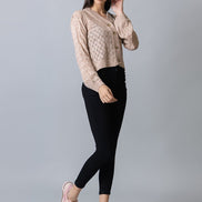 Beige V Neck Ribbed Cardigan - clubyork