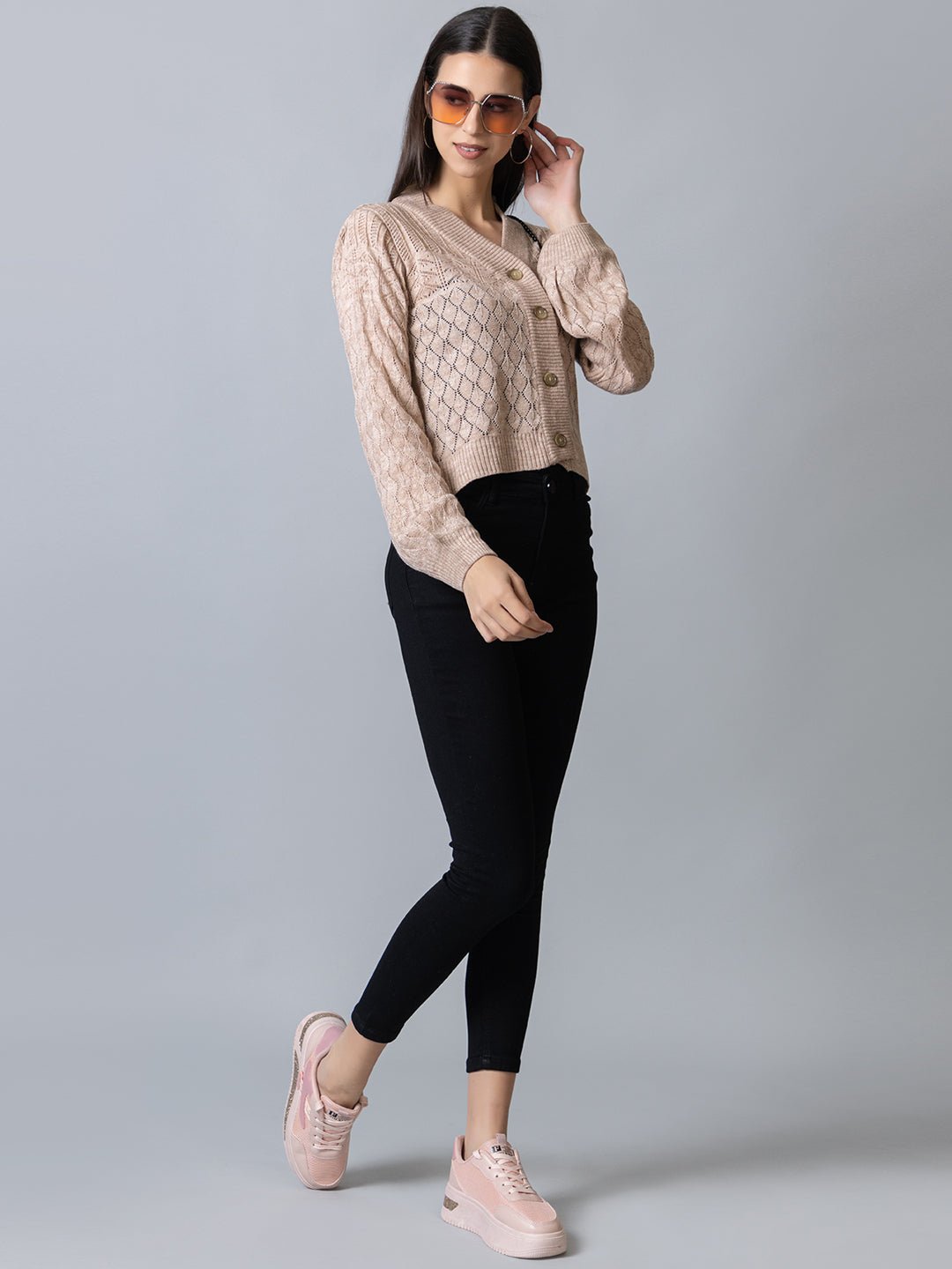 Beige V Neck Ribbed Cardigan - clubyork