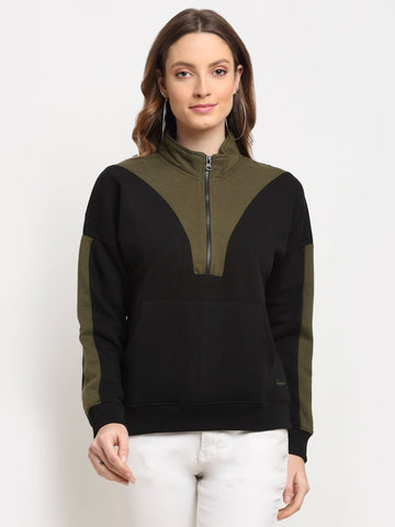 Black Colourblocked Half Zipper High Neck Sweatshirt - clubyork