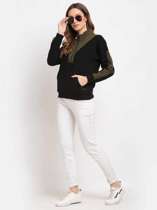 Black Colourblocked Half Zipper High Neck Sweatshirt - clubyork