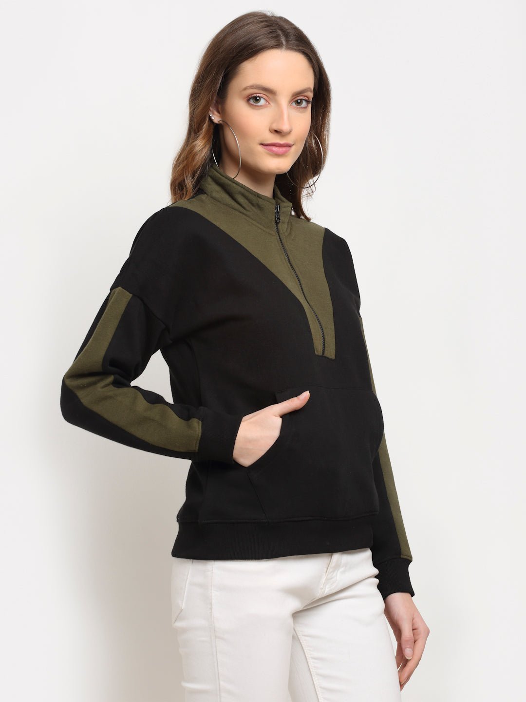 Black Colourblocked Half Zipper High Neck Sweatshirt - clubyork