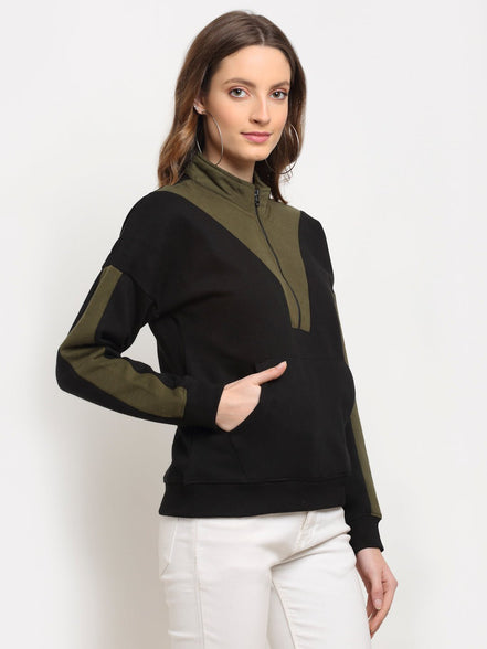 Black Colourblocked Half Zipper High Neck Sweatshirt - clubyork