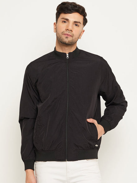 Black Mock Neck Front Zipper Jacket - clubyork