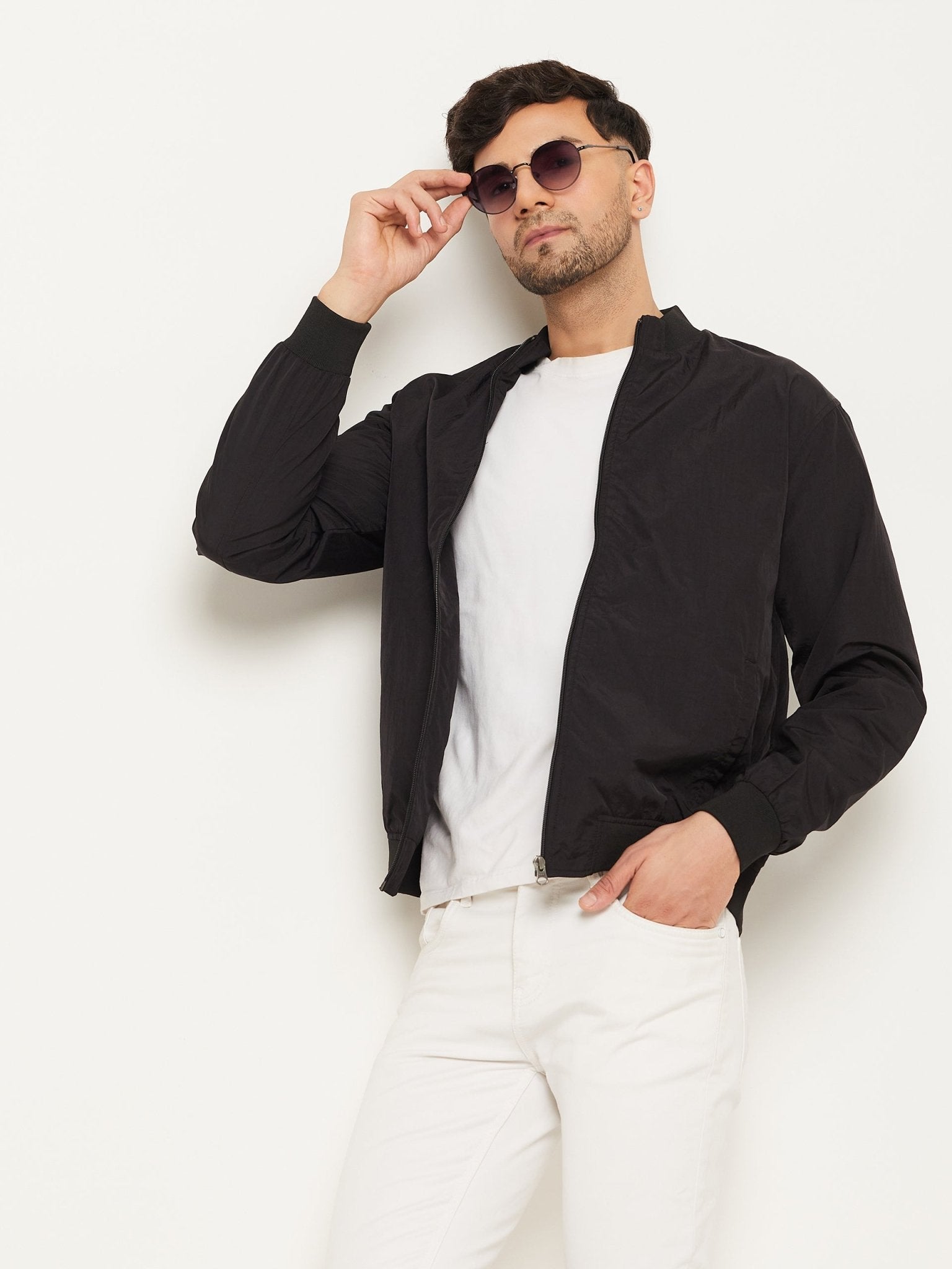Black Mock Neck Front Zipper Jacket - clubyork