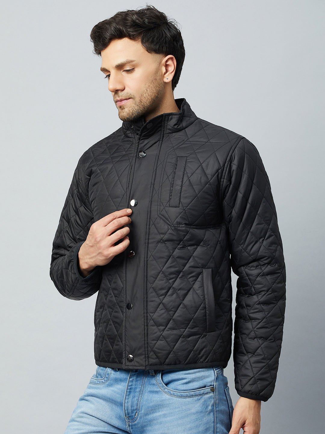 Black Mock Neck Front Zipper Jacket - clubyork