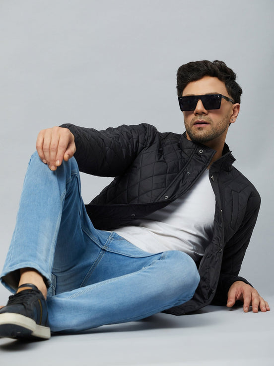 Black Mock Neck Front Zipper Jacket - clubyork