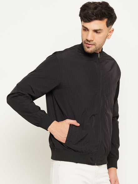 Black Mock Neck Front Zipper Jacket - clubyork