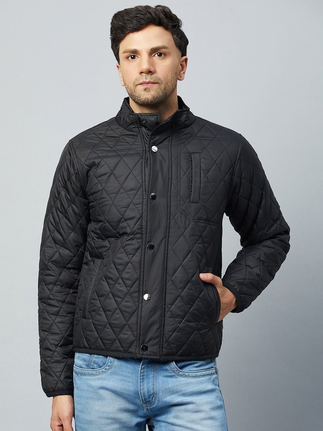 Black Mock Neck Front Zipper Jacket - clubyork