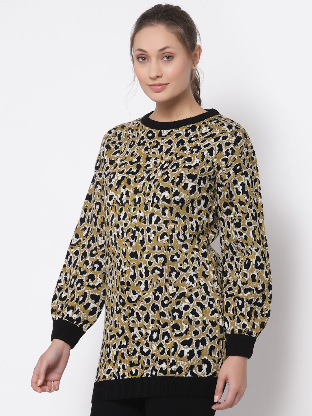 Black Printed Round Neck Sweater - clubyork