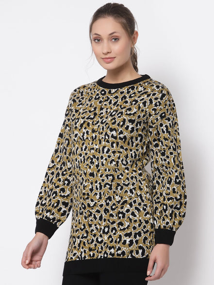 Black Printed Round Neck Sweater - clubyork