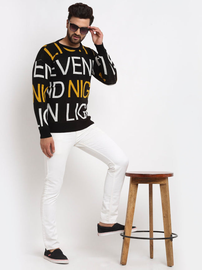 Black Typography Print Round Neck Sweater - clubyork