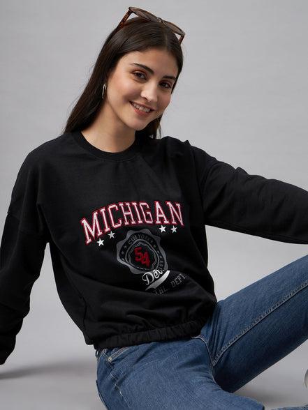 Black Typography Print Round Neck Sweatshirt - clubyork