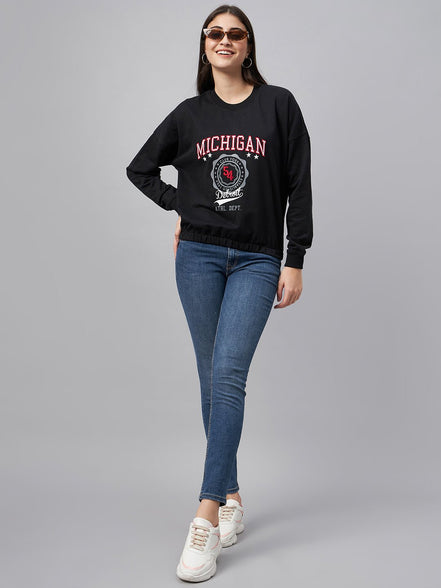 Black Typography Print Round Neck Sweatshirt - clubyork