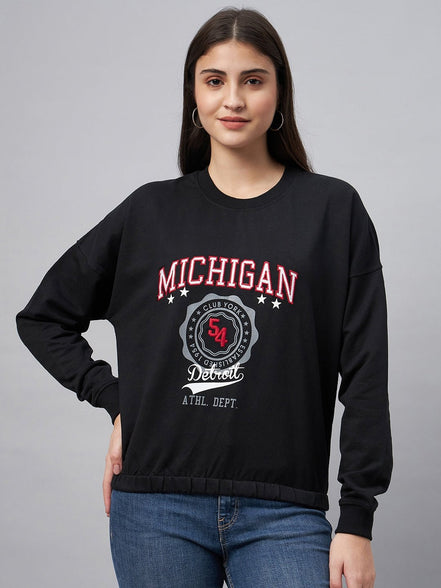Black Typography Print Round Neck Sweatshirt - clubyork