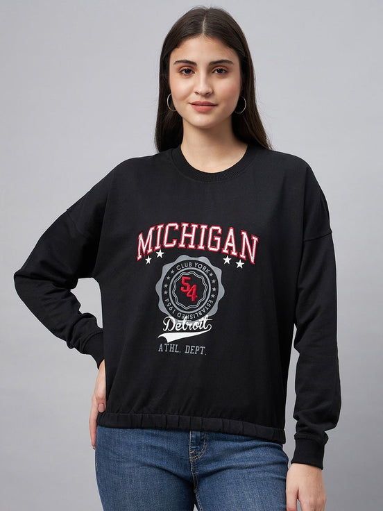 Black Typography Print Round Neck Sweatshirt - clubyork