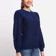 Blue Self Design Round Neck Sweater - clubyork