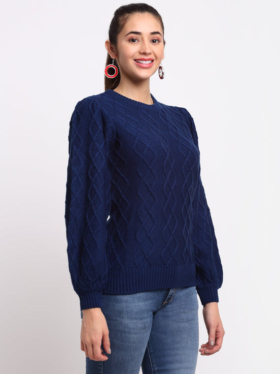 Blue Self Design Round Neck Sweater - clubyork