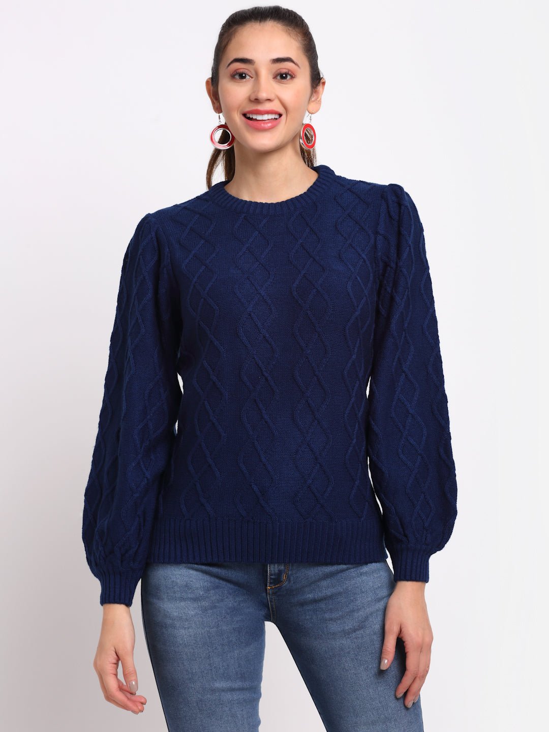 Blue Self Design Round Neck Sweater - clubyork
