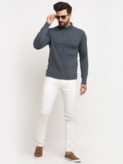 Blue Solid High Neck Sweater