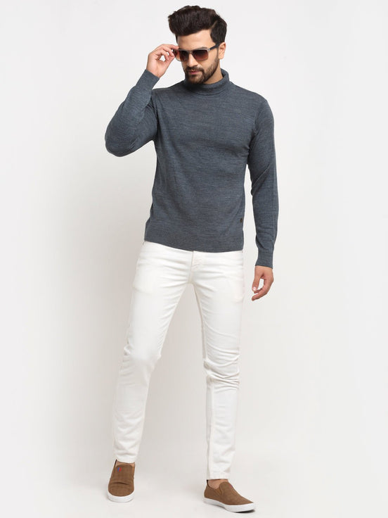 Blue Solid High Neck Sweater
