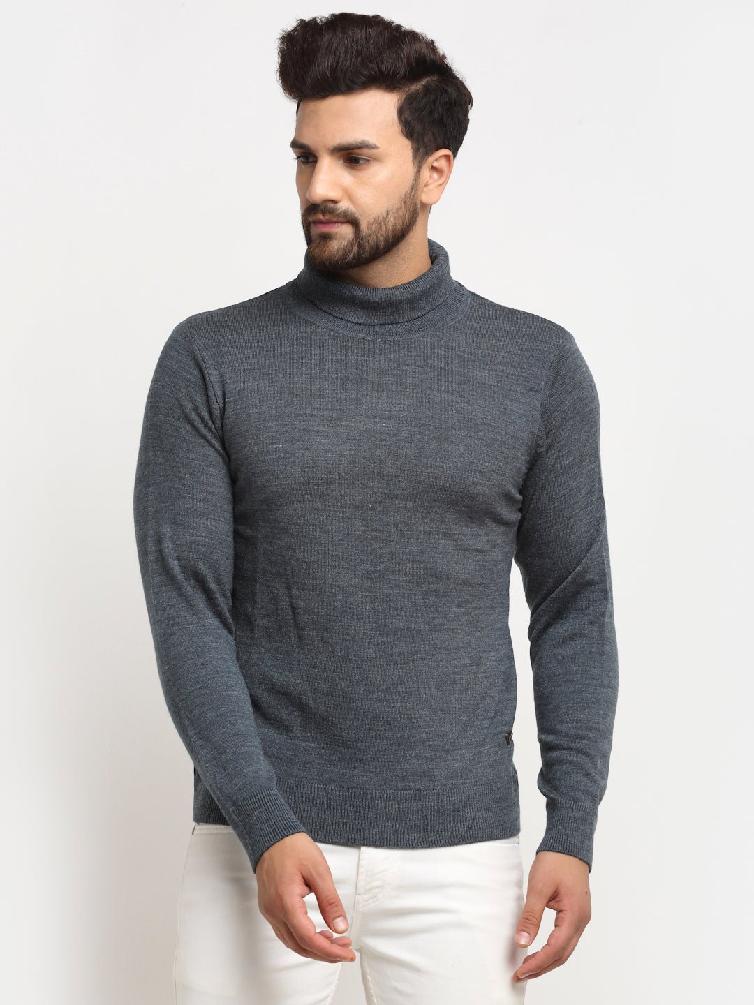 Blue Solid High Neck Sweater